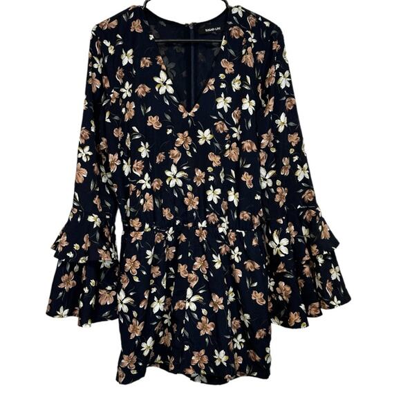 Sugar Lips Navy Blue Floral Long Bell Sleeve Boho Romper Size M - Picture 1 of 11